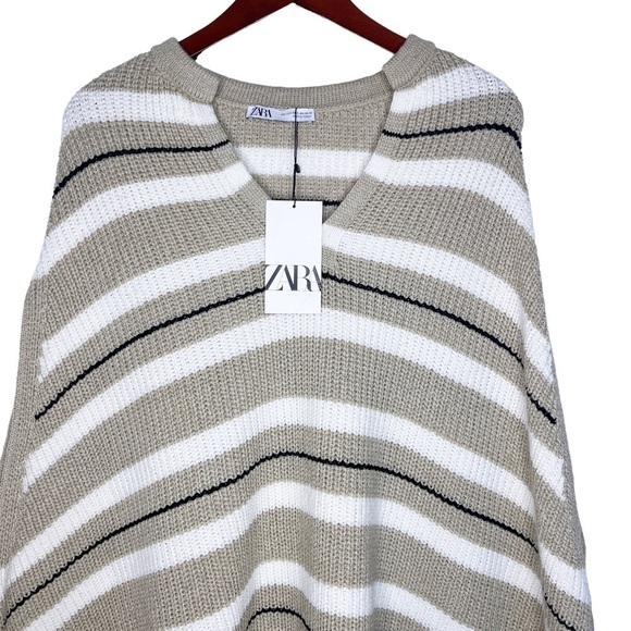 ZARA NWT Fringe Sleeveless Stripe Poncho Sweater Size XS / SMALL in Tan - Picture 1 of 16